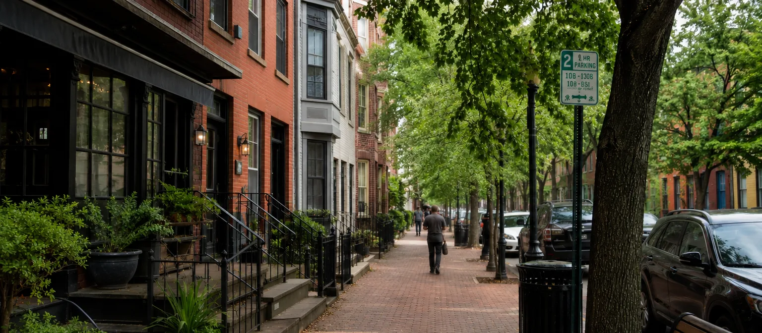 A tree-lined residential street with brownstone buildings